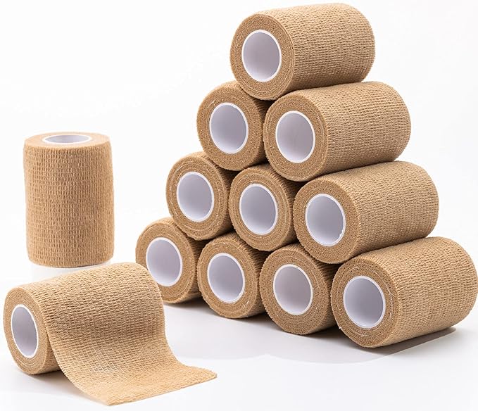 12 Pack Cohesive Bandage Tape, Self Adherent Vet Wrap, 4Inch Elastic Bandage, Flexible Athletic Self Adhesive Bandage Wrap for Handle Grip, Sports (Beige)