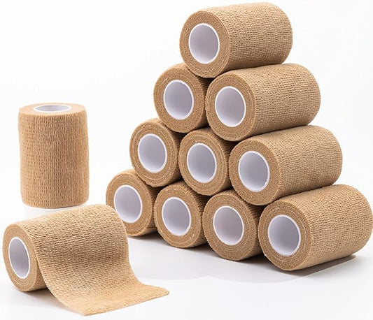 12 Pack Cohesive Bandage Tape, Self Adherent Vet Wrap, 4Inch Elastic Bandage, Flexible Athletic Self Adhesive Bandage Wrap for Handle Grip, Sports (Beige)
