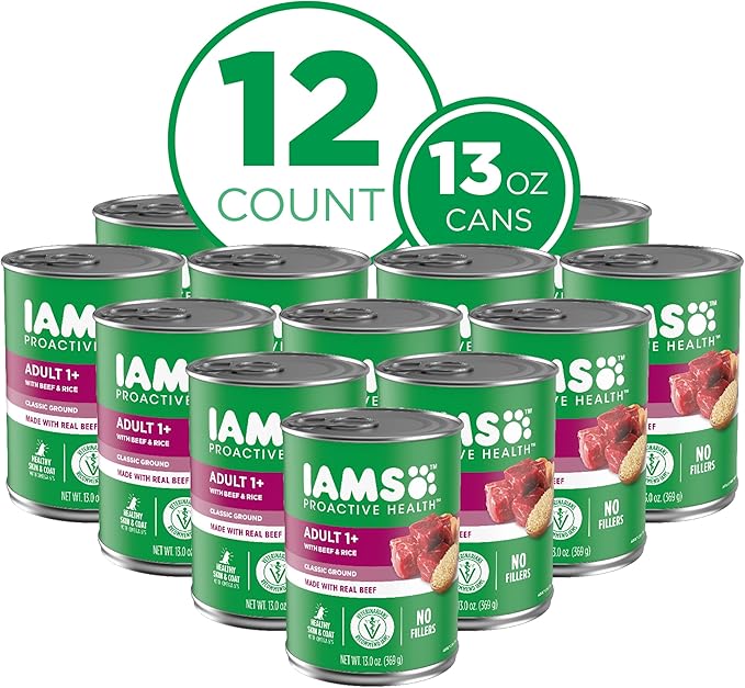 IAMS PROACTIVE HEALTH Adult Wet Dog Food Classic Ground with Beef and Whole Grain Rice, 12-Pack of 13 oz. Cans