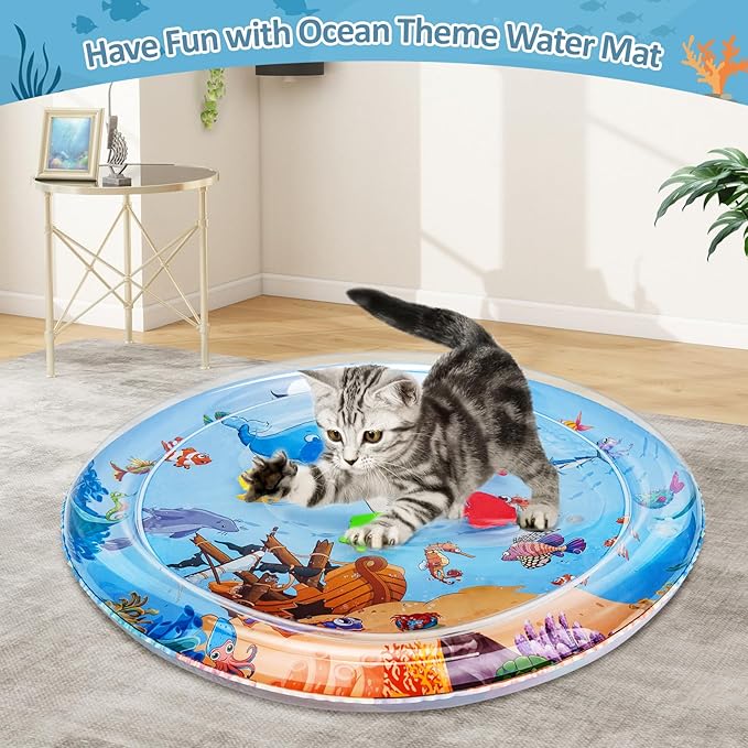 RAINBEAN Water Sensory Play Mat for Cats, Thickened 2024 New Sensory Water Play Mat with Fish for Cats, Upgraded Cat Water Play Mat, Water Sensor Mat for Pets Kids (26Inch)