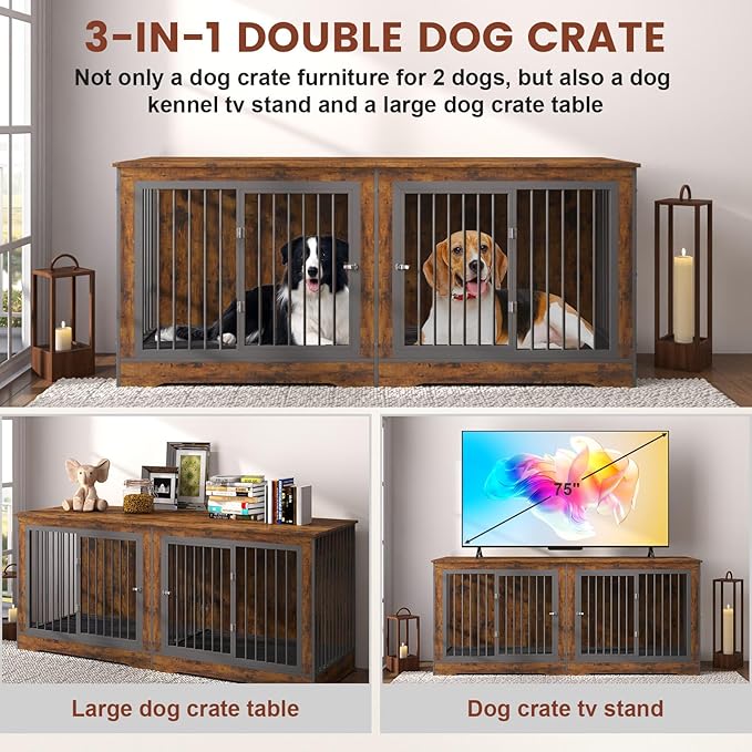 3-in-1 75 Inch Double Dog Crate Furniture for 2 Large Dogs Durable Rustic Brown TV Stand Dog Crate with Trays and Divider