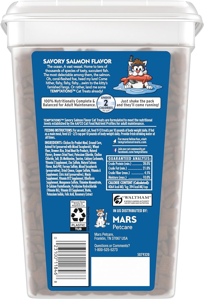 Temptations Classic Crunchy and Soft Cat Treats Savory Salmon Flavor, 30 oz. Tub