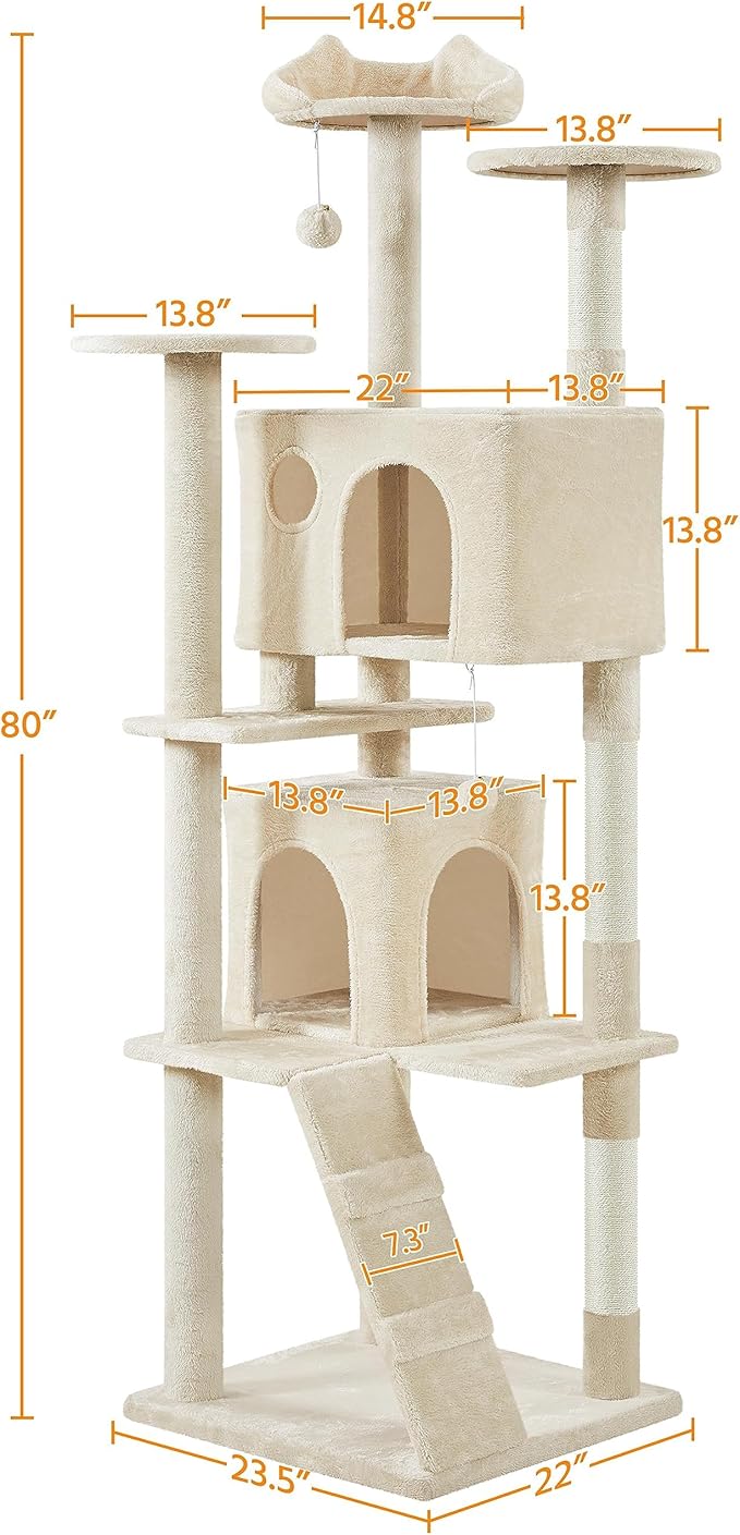 Yaheetech XL Cat Tree, 80in Multi-Level Cat Tower w/Cat Scratching Posts, Double Cat Condo, Perched Platforms and Dangling Balls, Cat Stand House for Kittens Pet, Beige