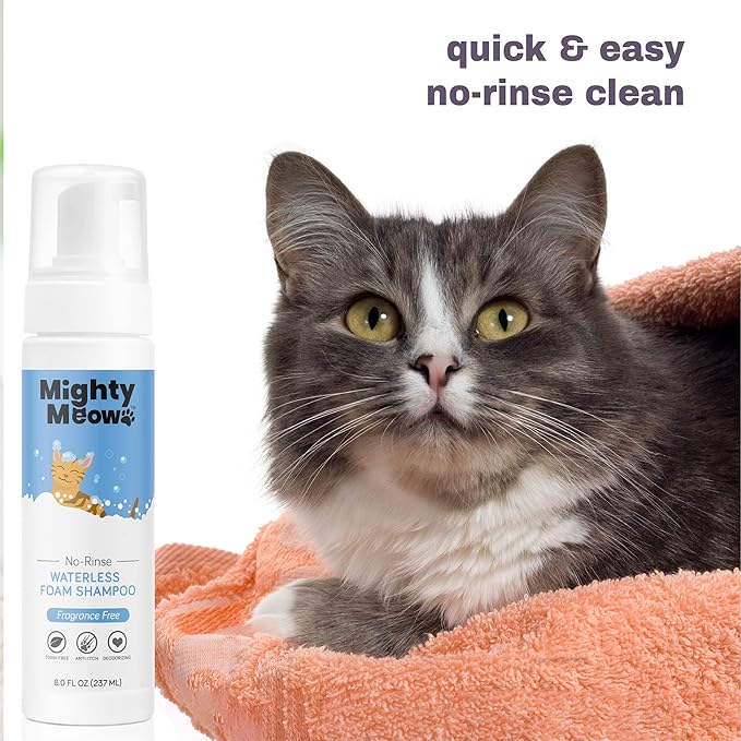 Waterless Foam Shampoo for Cats - No Rinse, Dry Shampoo for Cats - Eliminates Odors - Gentle & Anti-Itch - Natural & Hypoallergenic Waterless Cat Shampoo – Fragrance Free - 8 fl oz