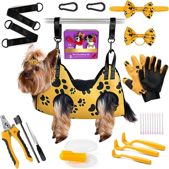 Pet Grooming Hammock for Nail Trimming - Complete Groomers Helper Set for Pet - Dog Grooming Hammock with Hook - Cat Nail Clipper - Dog Hammock for Nail Clipping (XS, Gold with black paws)