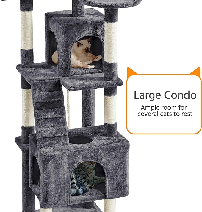 Yaheetech XL Cat Tree, 72in Multi-Level Cat Tower with 2 Cozy Caves, 3 Soft Perches, Scratching Posts, Board, and Dangling Ball, Cat Furniture Cat Play House Kittens, Dark Gray