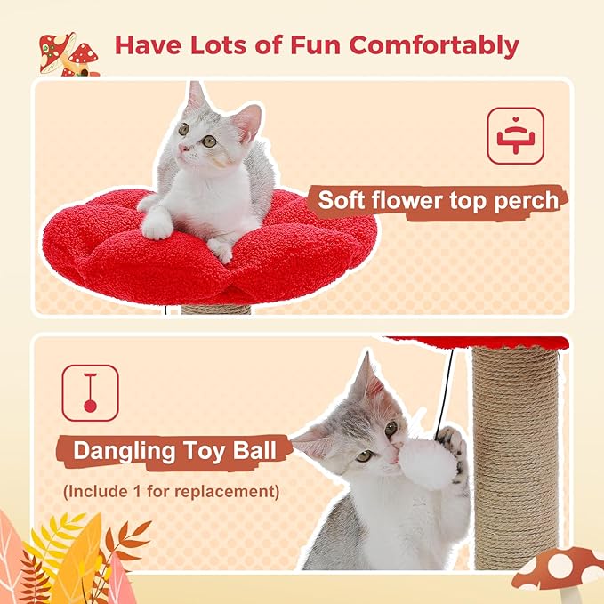 PETEPELA Flower Cat Scratching Post, Mushroom Cat Scratcher Cute with Thick Scratching Post & Removable Flower Large Cat Bed [Dia=15.7''], Tall Cat Post for Kittens and Indoor Small Cats