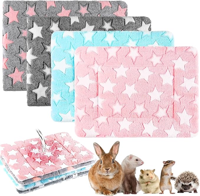 4 Pcs Waterproof Guinea Pig Bedding Winter Guinea Pig Plush Cage Liners Soft Dog Cat Bed Mat Reversible Cozy Animal Pee Pad Hamster Bed Mat Washable for Bunny (Cute Star,13 x 10 Inch)