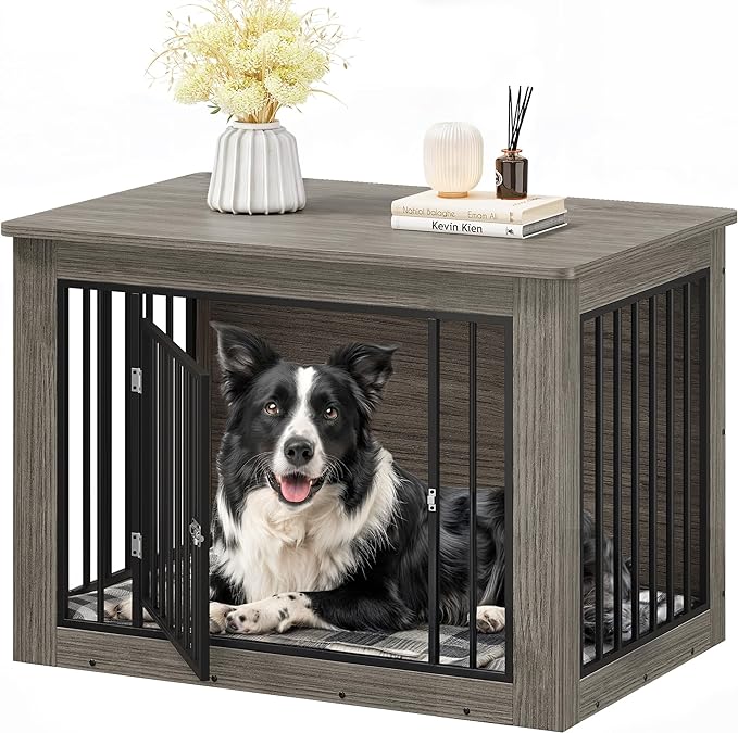 YITAHOME Dog Crate Furniture for Large Dogs, Side End Table, Modern Dogs Kennel Indoor up to 60 lb, 2-in-1 Iron-Wood Fusion Dog Cage with Waterproof Top, Safety Corners, Steel Lock,38" L,Greige