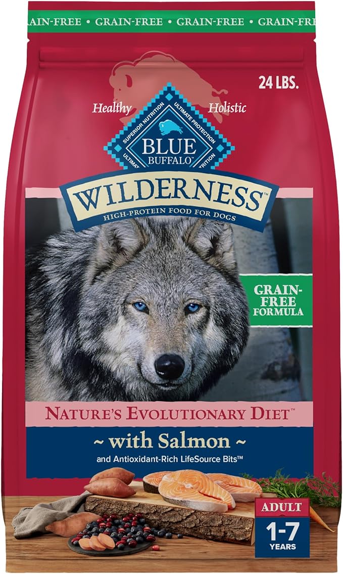 Blue Buffalo Wilderness Adult High-Protein Dry Dog Food with Real Salmon, Grain-Free, Made in the USA with Natural Ingredients, Salmon, 24-lb. Bag