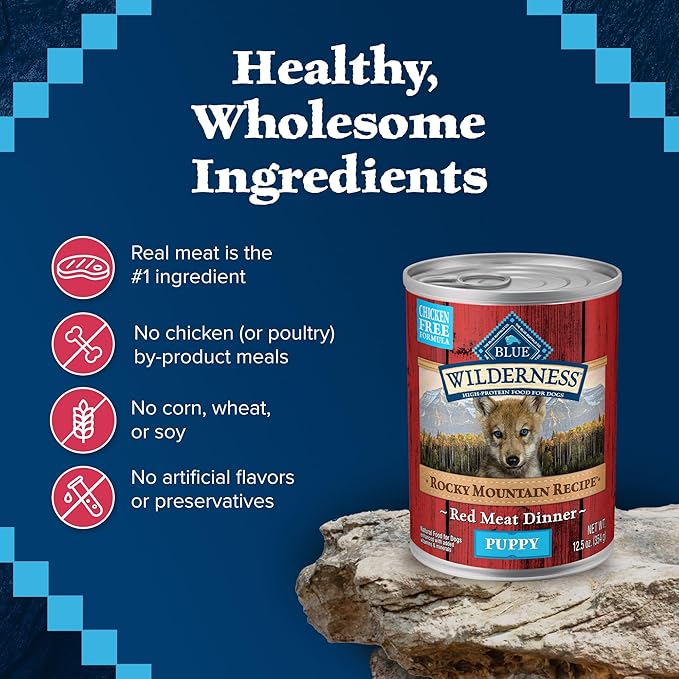 Blue Buffalo Wilderness Rocky Mountain Recipe Puppy Wet Dog Food, High-Protein & Grain-Free, Made with Natural Ingredients, Red Meat Dinner, 12.5-oz. Cans (12 Count)