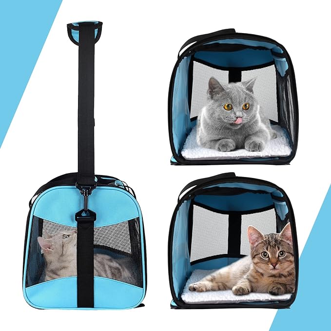 Cat Carrying Case - Pet Carrier Airline Approved, Protable and Breathable Pet Travel Carrier Removable Fleece Pad, Collapsible Cat Carrier Dog Carrier for Medium Cats Small Cats Dogs(X-Large, Blue)