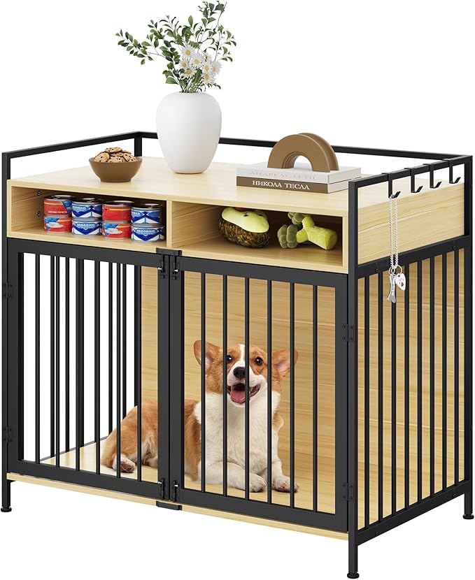 YITAHOME Large Dog Crate, 41" Heavy Duty Dog Kennel with 2 Drawers End Table, Wooden Dog Cage Indoor Dog House Pet Crate Table with Double Doors for Large Medium Small Dogs, Walnut Color