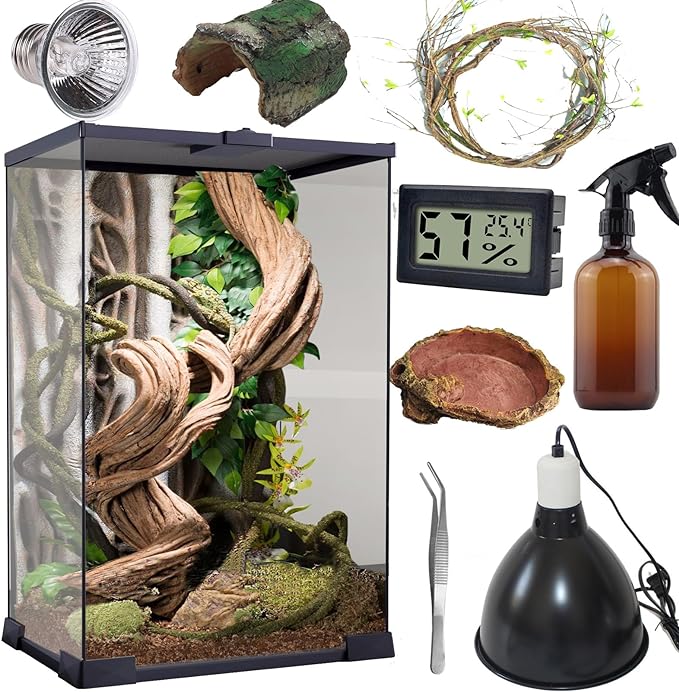 Reptile Terrarium (9Pieces) 8 * 8 * 12 Amphibian Vertical Habitat Tank Starter Kit, Suitable for Small Reptiles such as Geckos, Snakes, Lizards, Chameleons, Serpents(8 * 8 * 12 inchs)