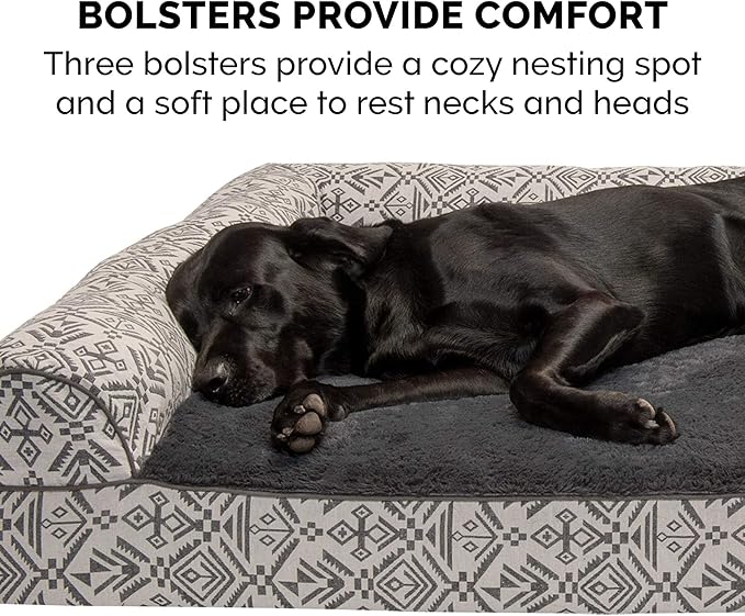 Furhaven Orthopedic Dog Bed for Medium/Small Dogs w/ Removable Bolsters & Washable Cover, For Dogs Up to 35 lbs - Plush & Southwest Kilim Woven Decor Sofa - Boulder Gray, Medium