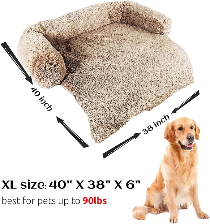 HACHIKITTY Calming Dog Sofa Bed Mat, Washable Plush Couch Cover for Dog, Furniture Protector Pet Sofa Mat for Dogs and Cats, Fluffy Dog Couch Bed with Anti-slip Bottom (40"x 38"x 6", Camel)