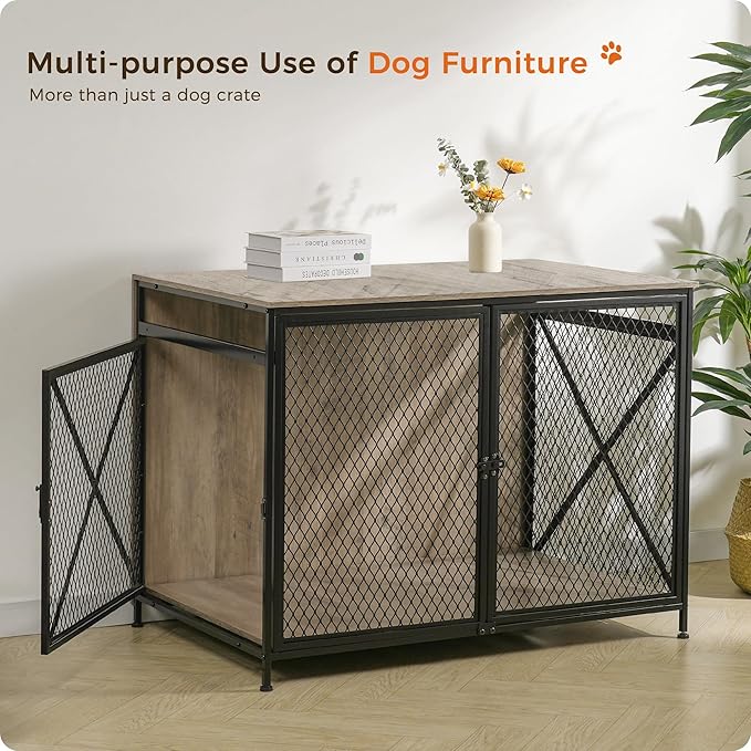 DWANTON Dog Crate Furniture, 42.5" L Three-Door Wooden Dog Kennel Indoor, Connectable expansion, Wooden Dog Crate Table for Small/Medium/Large Dog, Dog House, Dog Cage Large, Greige