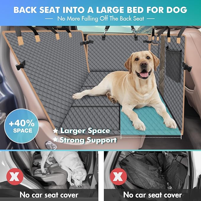 Dog Car Seat Cover with Hard Bottom, Dog Back Seat Extender for Dogs, Hard Bottom Dog Hammock for Car, SUV, Grey