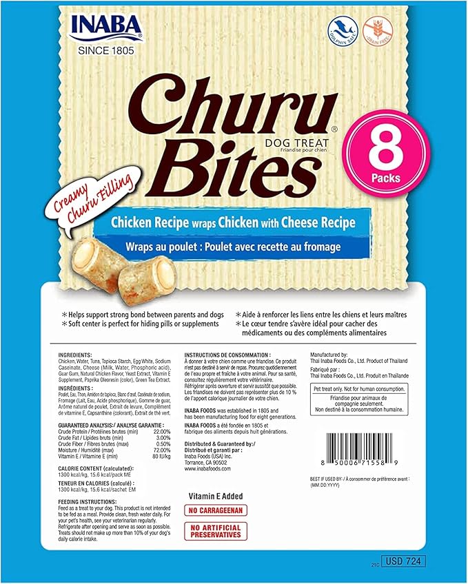 INABA Churu Bites for Dogs, Grain-Free, Soft/Chewy Baked Chicken Wrapped Churu Filled Dog Treats, 0.42 Ounces Each Tube | 24 Tubes Total, Chicken with Cheese Recipe