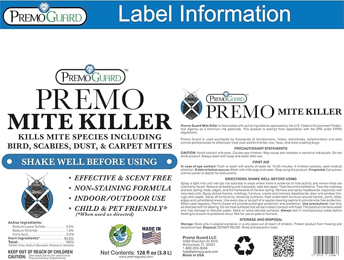 Mite Killer Spray by Premo Guard – 128 oz – Treatment for Dust Spider Bird Rat Mouse Carpet and Scabies Mites – Fast Acting 100% Effective – Child & Pet Safe – Best Natural Extended Protection