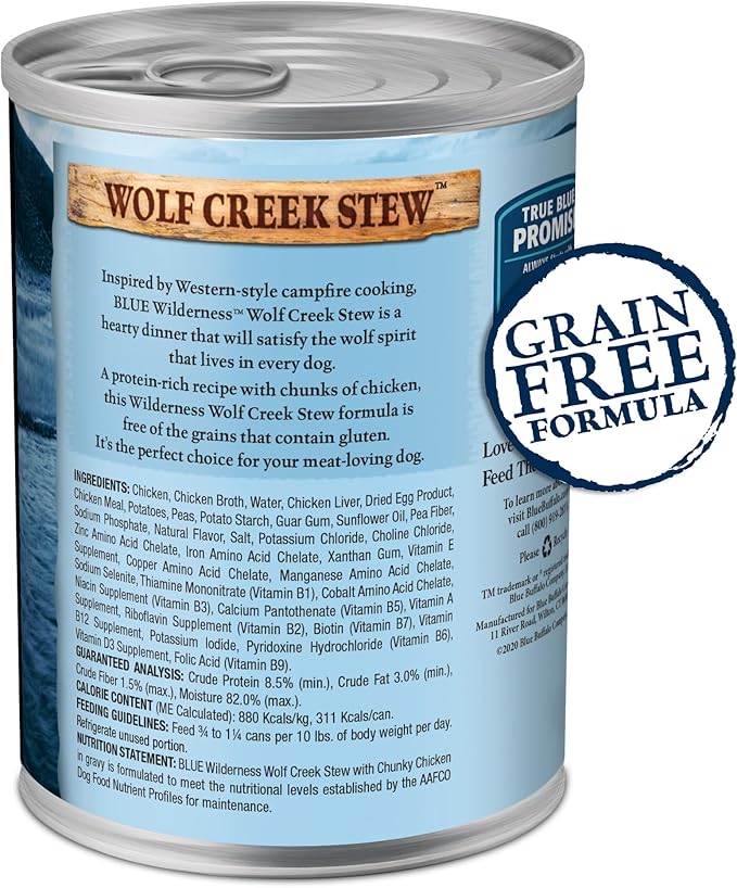 Blue Buffalo Wilderness Wolf Creek Stew High Protein, Natural Wet Food for Dogs, Hearty Chicken Stew in Gravy, 12.5-oz cans, 12 Count