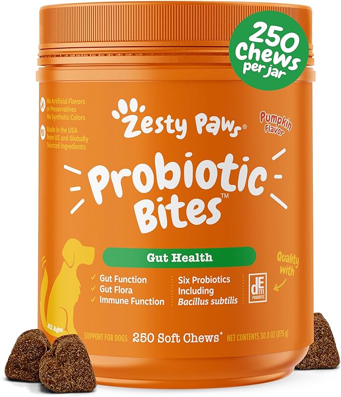 Zesty Paws Probiotics for Dogs - Digestive Enzymes for Gut Flora, Digestive Health, Diarrhea & Bowel Support - Clinically Studied DE111 - Dog Supplement Soft Chew for Pet Immune System - 250 Count