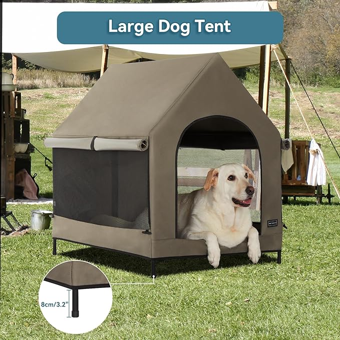 Petsfit 36 Inch Elevated Pet Dog House, Portable Large Dog House with Removable Cover for Indoor and Outdoor, Waterproof Raised Dog Houses for Large Dogs Outside, Featuring Elevated Dog Bed, Brown