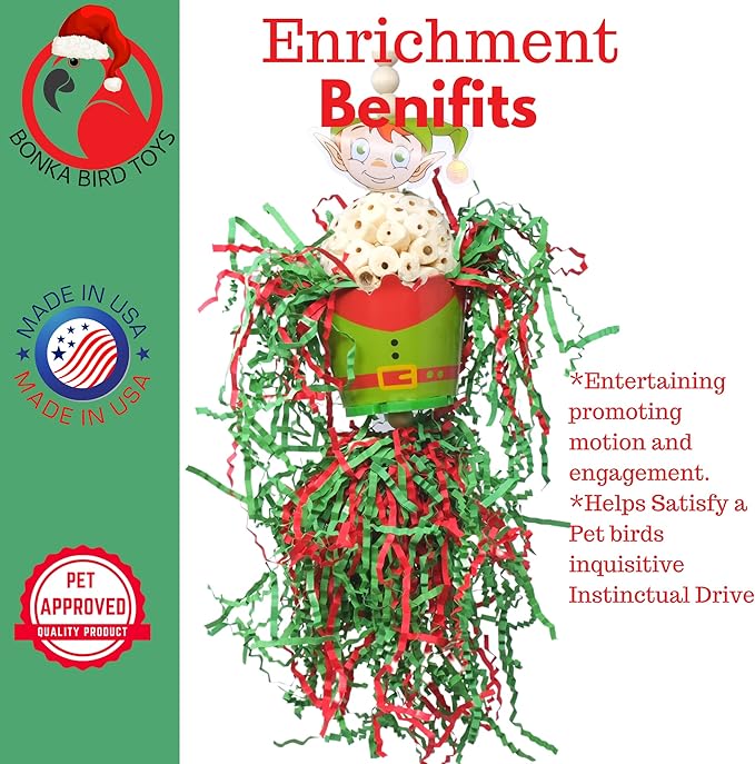 Bonka Bird Toys Christmas Elf Santa Snowman Reindeer Natural Sola Chew Forage Small Medium Bird Toy Cockatiel Parakeet Conures and Other Similar Birds (2434 Elf)