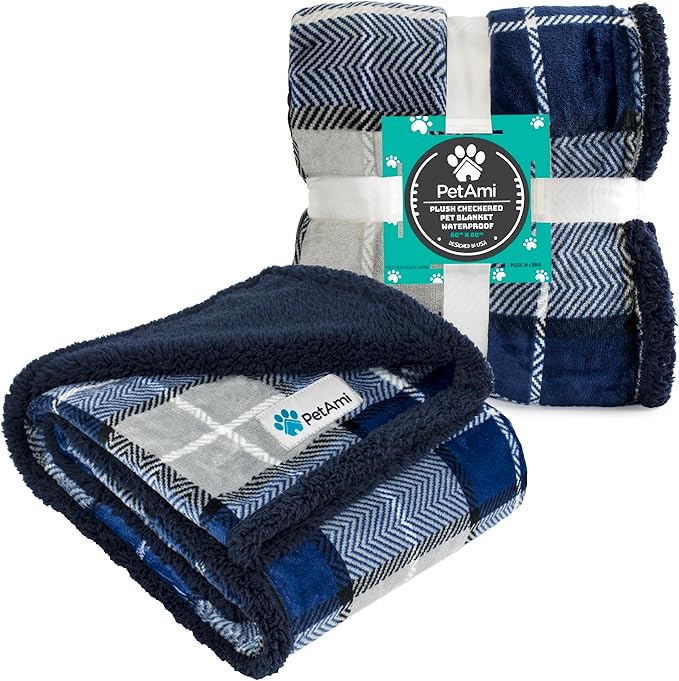 PetAmi WATERPROOF Dog Blanket for Medium Large Dog, Pet Puppy Blanket Couch Cover Protection, Sherpa Fleece Cat Blanket, Sofa Bed Furniture Protector Reversible Soft Plush Washable, 60x40 Plaid Navy