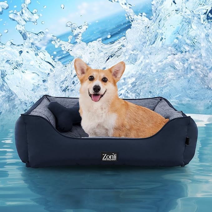 ZonLi Cooling Dog Bed, Dog Bed for Medium Dogs, Dog Cooling Bed with Bolsters Waterproof, for Dogs Up to 30 lbs, Pet Bed with Washable Cover, Non-Slip Bottom, without Gel, Oceanic Navy