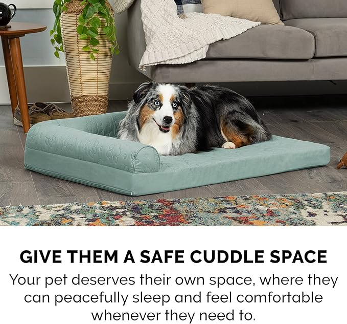 Furhaven Orthopedic Dog Bed for Large Dogs w/ Removable Bolsters & Washable Cover, For Dogs Up to 95 lbs - Pinsonic Quilted Paw L Shaped Chaise - Iceberg Green, Jumbo/XL