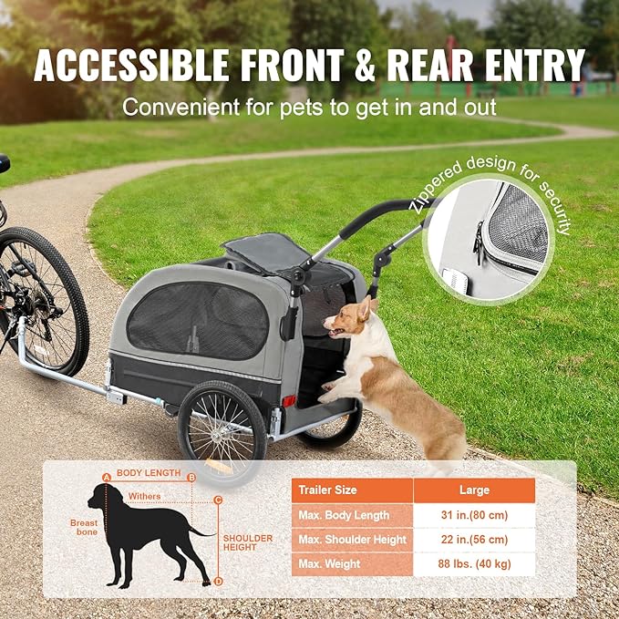 VEVOR Dog Bike Trailer, Supports up to 88 lbs, 2-in-1 Pet Stroller Cart Bicycle Carrier, Easy Folding Cart Frame with Quick Release Wheels, Universal Bicycle Coupler, Reflectors, Flag, Black/Gray