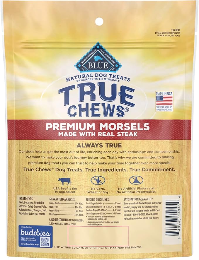 Blue Buffalo True Chews Premium Morsels Natural Dog Treats, Steak 10 oz Bag