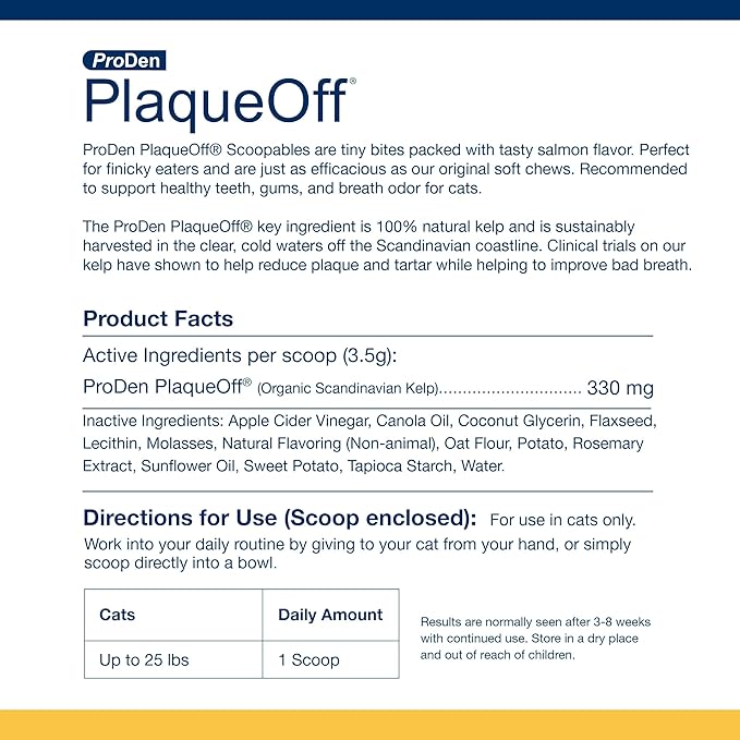 ProDen PlaqueOff Scoopables: Salmon-Flavored Dental Bites for Cats - Natural Kelp Formula for Plaque & Tartar Control, Freshens Breath- 45 Scoops