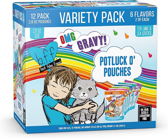 Weruva B.F.F. OMG - Best Feline Friend Oh My Gravy!, Variety Pack, Potluck O' Pouches, Wet Cat Food, 2.8Oz Pouches (Pack of 12)