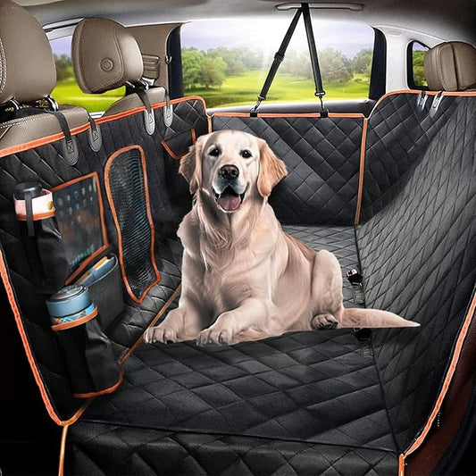 Dog Car Seat Cover for Back Seat for XL Cars, SUVs & Trucks, 100% Waterproof Non-Slip Dog Hammock for car, 600D Heavy Duty Scratch Proof Durable pet car Rear seat Cover w/Mesh Window, Storage Pockets