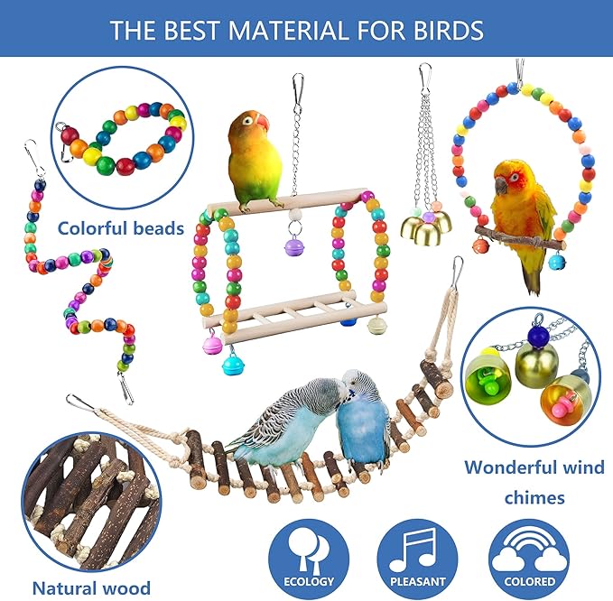 22 Packs Bird Parakeet Cockatiel Toys,Parrot Swing Chewing Hanging Toy with Safe Bells,Bird cage Colorful Climbing Standing Rope Natural Wood Ladder Bungee Toys