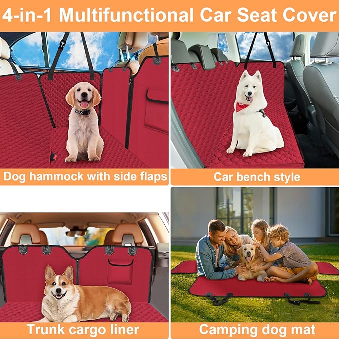 Mancro Dog Car Seat Cover for Back Seat, Waterproof Car Seat Cover Dog with Side Flaps, Scratch-Proof Pet Car Seat Covers Backseat, Durable Car Seat Dog Cover for Trucks SUV, Standard, Red
