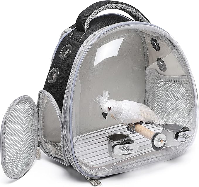 Bird Carrier Cage, Pet Travel Carrier Backpack with Standing Perch,Parrot Cockatiel Carrier bag, Food Bowl for Lovebirds Conures Parakeet Budgie Canary & Small Animal (accessories+black)