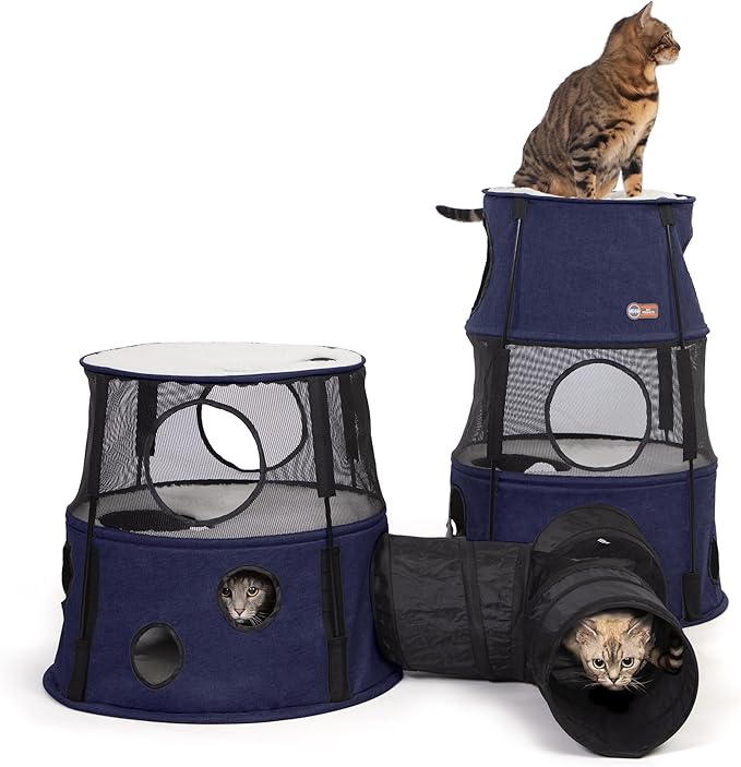 K&H Pet Products Cat Playground Bundle with 3 Level Tower + T Tunnel Tube + 2 Level Tower, Cat Tower Tree Condo for Indoor Cat Playground, Kitty Activity Tree Cave Cozy Hideaway Center, Denim