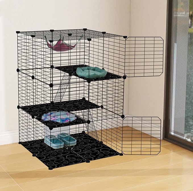 3-Tier Cat Cages Indoor, DIY Cat Enclosure, Cat Playpen Catio Detachable Metal Wire Kennels Pet Crate Large Exercise Place Ideal for 1-2 Cat