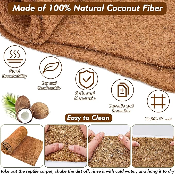 ZeeDix 3 Pieces Coconut Fiber Reptile Substrate Mat, 18 x 36 inches Natural Coco Mat Reptile Carpet Coco Fiber Liner Turtle Bedding Reptile Terrarium Liner for Lizard Snake Turtle Gecko Bearded Dragon