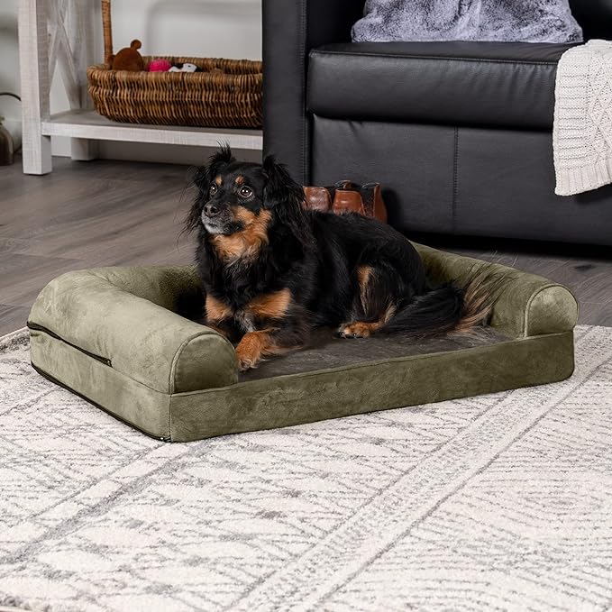 Furhaven Orthopedic Dog Bed for Medium/Small Dogs w/ Removable Bolsters & Washable Cover, For Dogs Up to 35 lbs - Faux Fur & Velvet Sofa - Dark Sage, Medium