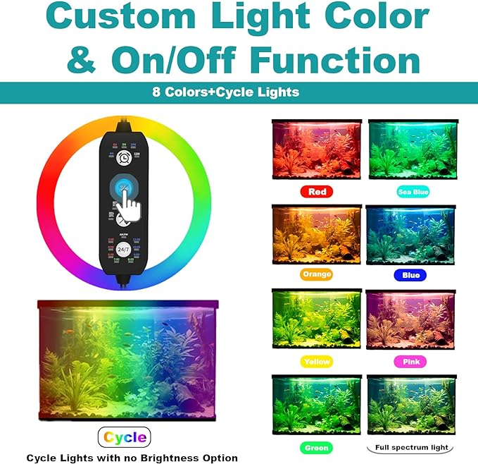 Submersible Aquarium Light for Fish Tank, 24/7 Cycle Fish Tank Light with Timer, Full Spectrum+7 Single Colors, Auto On/Off, Adjustable Brightness (18.9 Inch for 20-35inch Tank)