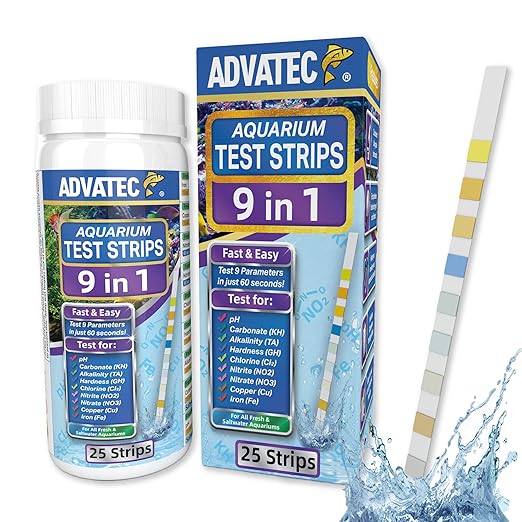 9 in 1 Aquarium Test Strips for Salt & Freshwater, Fish Tank Tester Kit for Iron, Copper, Carbonate, pH, Nitrate, Nitrite, Chlorine, Total Hardness & Alkalinity - 25 Count