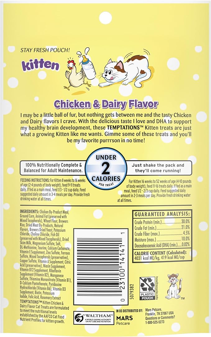 Temptations Kitten Treats, Chicken & Dairy, Crunchy and Soft Treat, 3 oz. (Pack of 12)