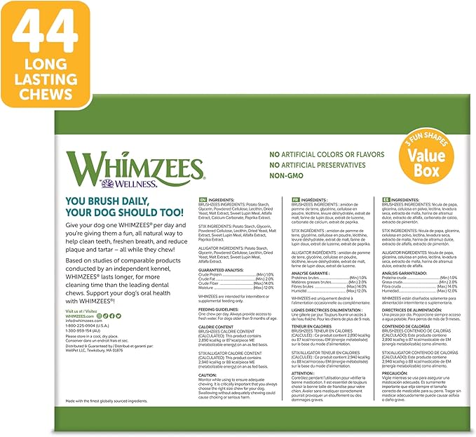 WHIMZEES by Wellness Value Box Natural Dental Chews for Dogs – Clean Teeth, Freshen Breath, Reduce Plaque & Tartar, Medium Breed 44 Count