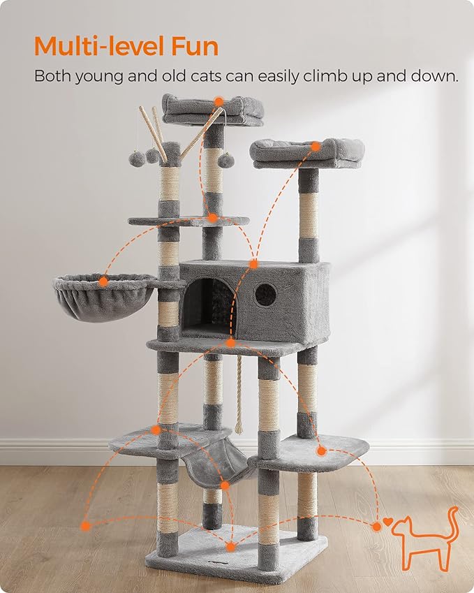 FEANDREA Cat Tree, Large Cat Tower, 64.6 Inches, Cat Activity Center with Hammock, Basket, Removable Fur Ball Sticks, Cat Condo, Light Gray UPCT087W01