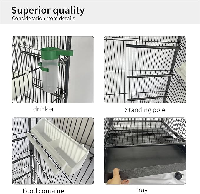 Steel Bird Cage with Rolling Stand, Plastic Feeder, PP Slide-Out Tray Large Flight Cage for Parrots, Parakeets, Cockatiels, Pigeons and Lovebirds Big Bird Cage Antique Gray As Shown