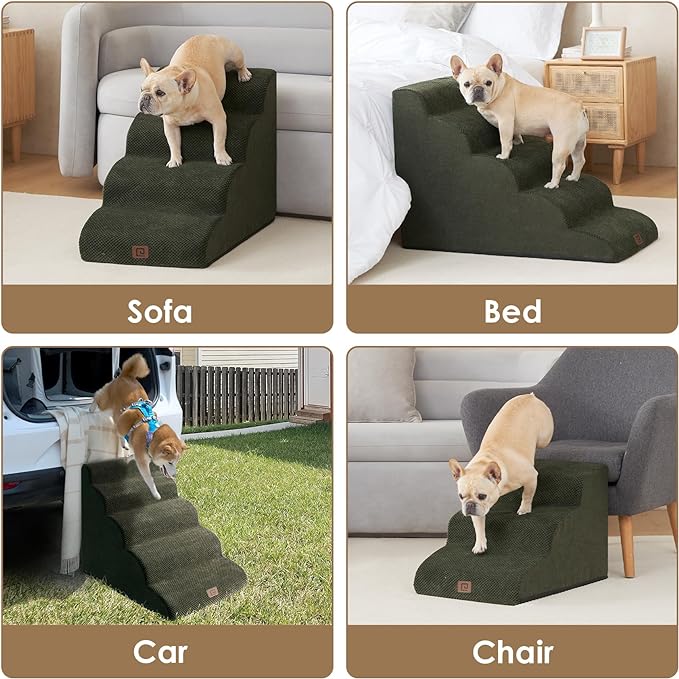 EHEYCIGA Curved Dog Stairs for High Beds 22.6" H, 5-Step Dog Steps for Small Dogs and Cats, Pet Stairs for High Bed Climbing, Non-Slip Balanced Pet Step Indoor, Olive Green